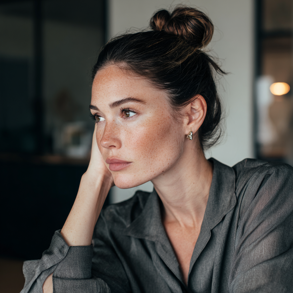 Primer plano de una mujer pensativa | Fuente: Midjourney