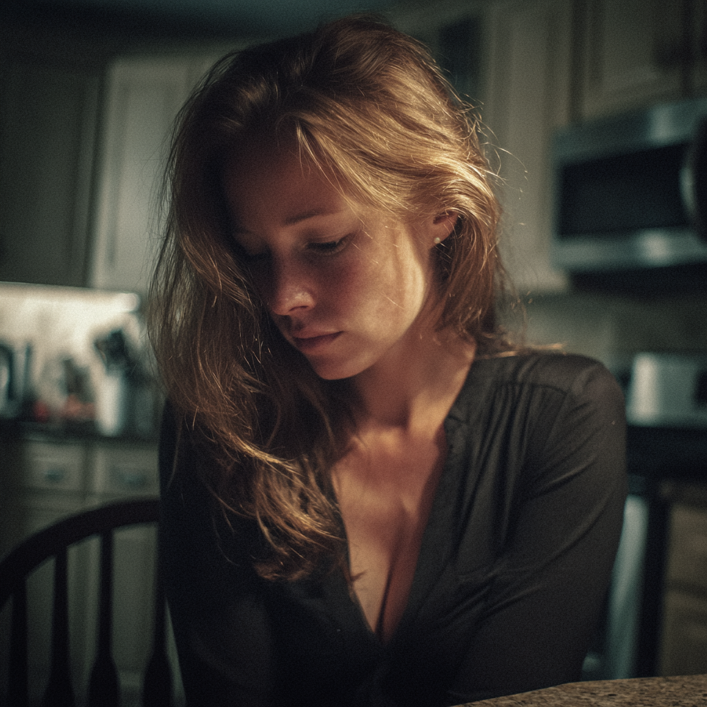 Una mujer disgustada sentada a la mesa de la cocina | Fuente: Midjourney