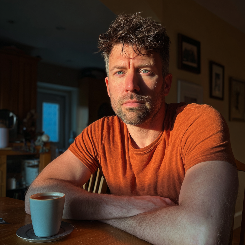 Un hombre sentado en una mesa con una taza de té | Fuente: Midjourney