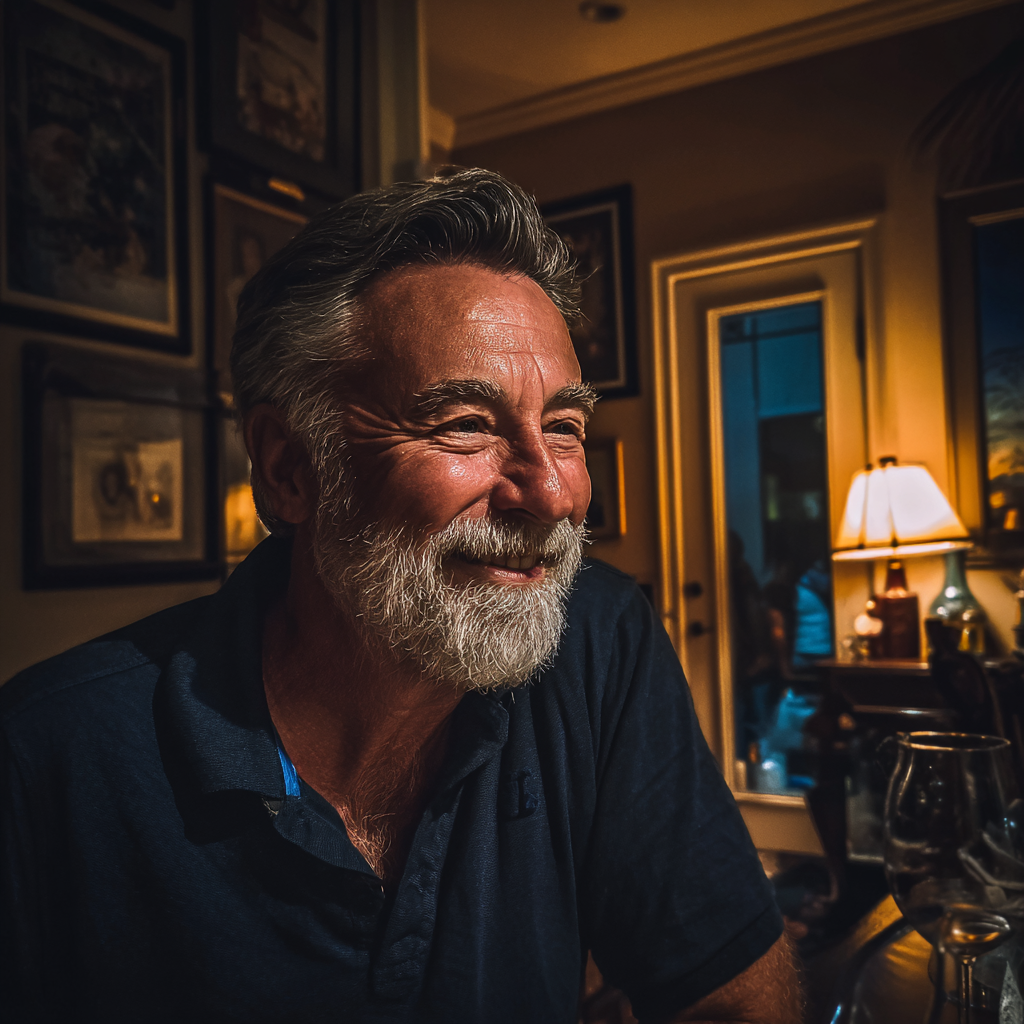 Un hombre mayor sonriente sentado a una mesa | Fuente: Midjourney