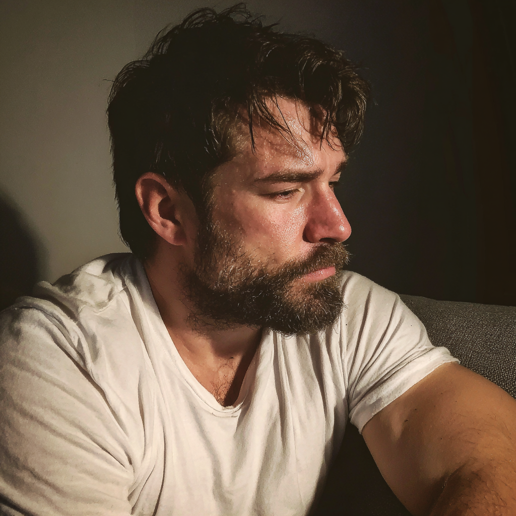 Un hombre emocionado sentado en un sofá | Fuente: Midjourney