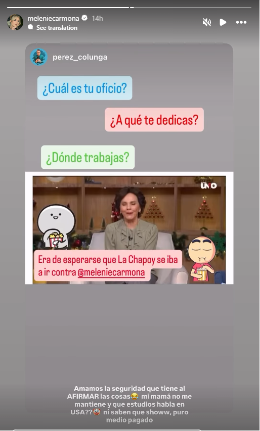 La respuesta de Melenie Carmona ante las declaraciones de Pati Chapoy | Instagram/stories/meleniecarmona
