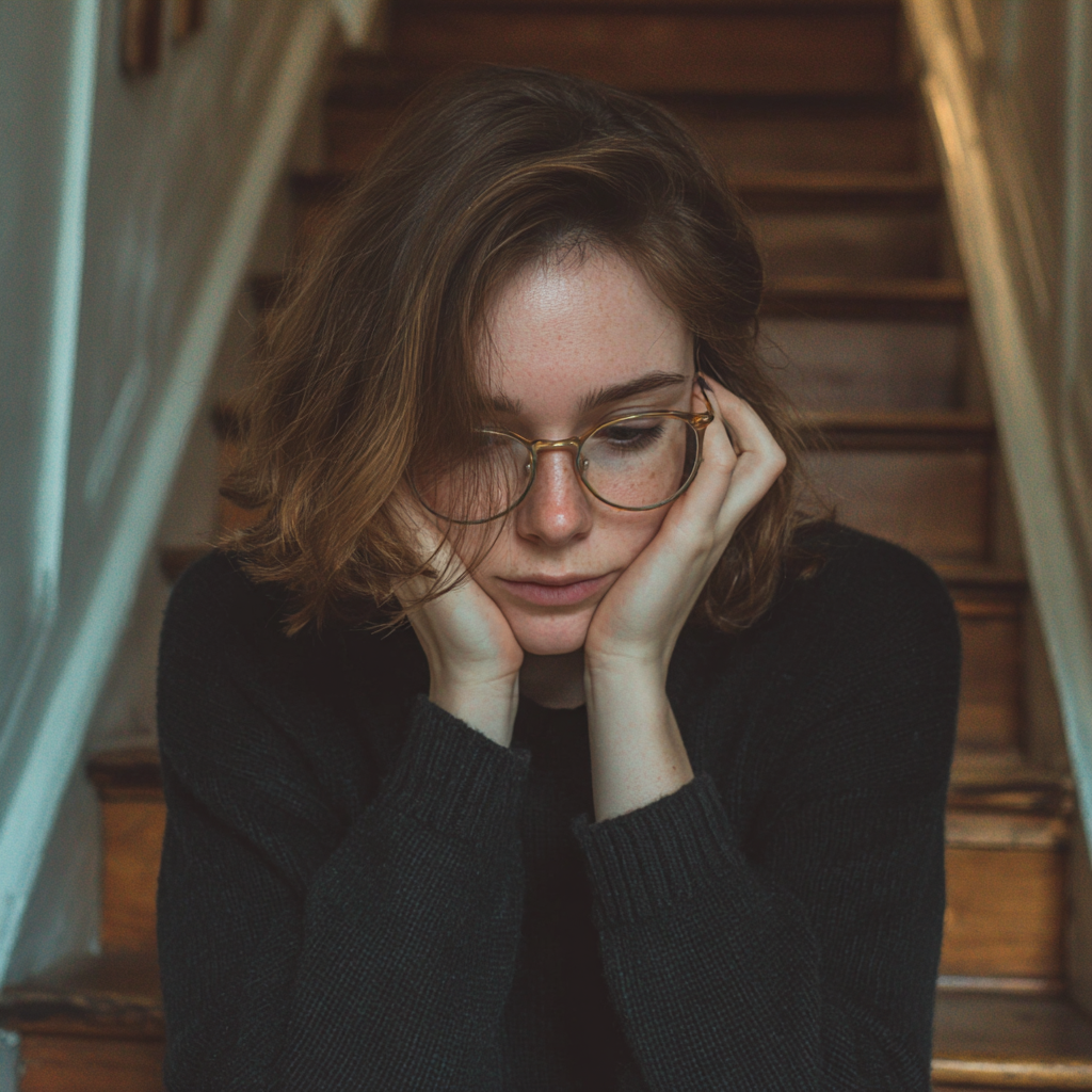 Una mujer sentada al pie de una escalera | Fuente: Midjourney