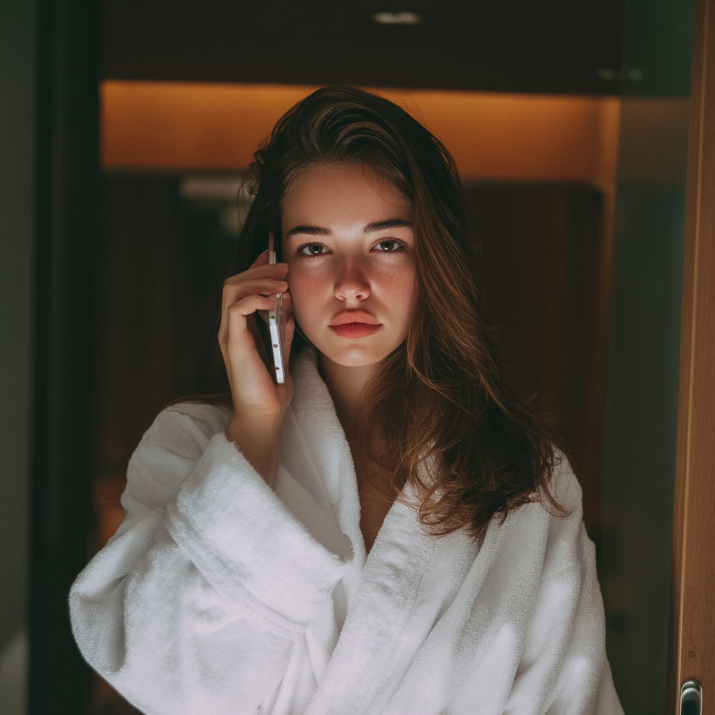 Una mujer joven vestida con una túnica blanca y hablando por teléfono | Fuente: Midjourney