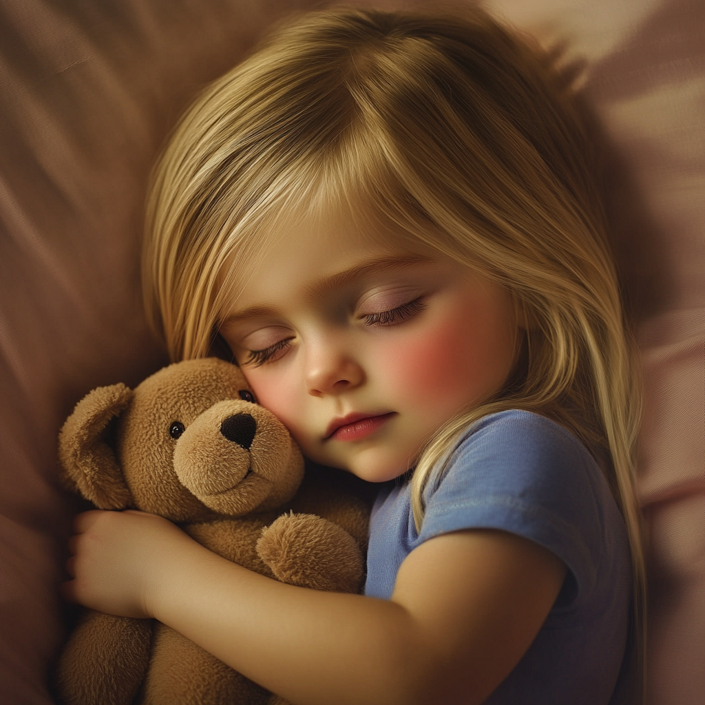 Una niña profundamente dormida mientras abraza a su osito de peluche | Fuente: Midjourney