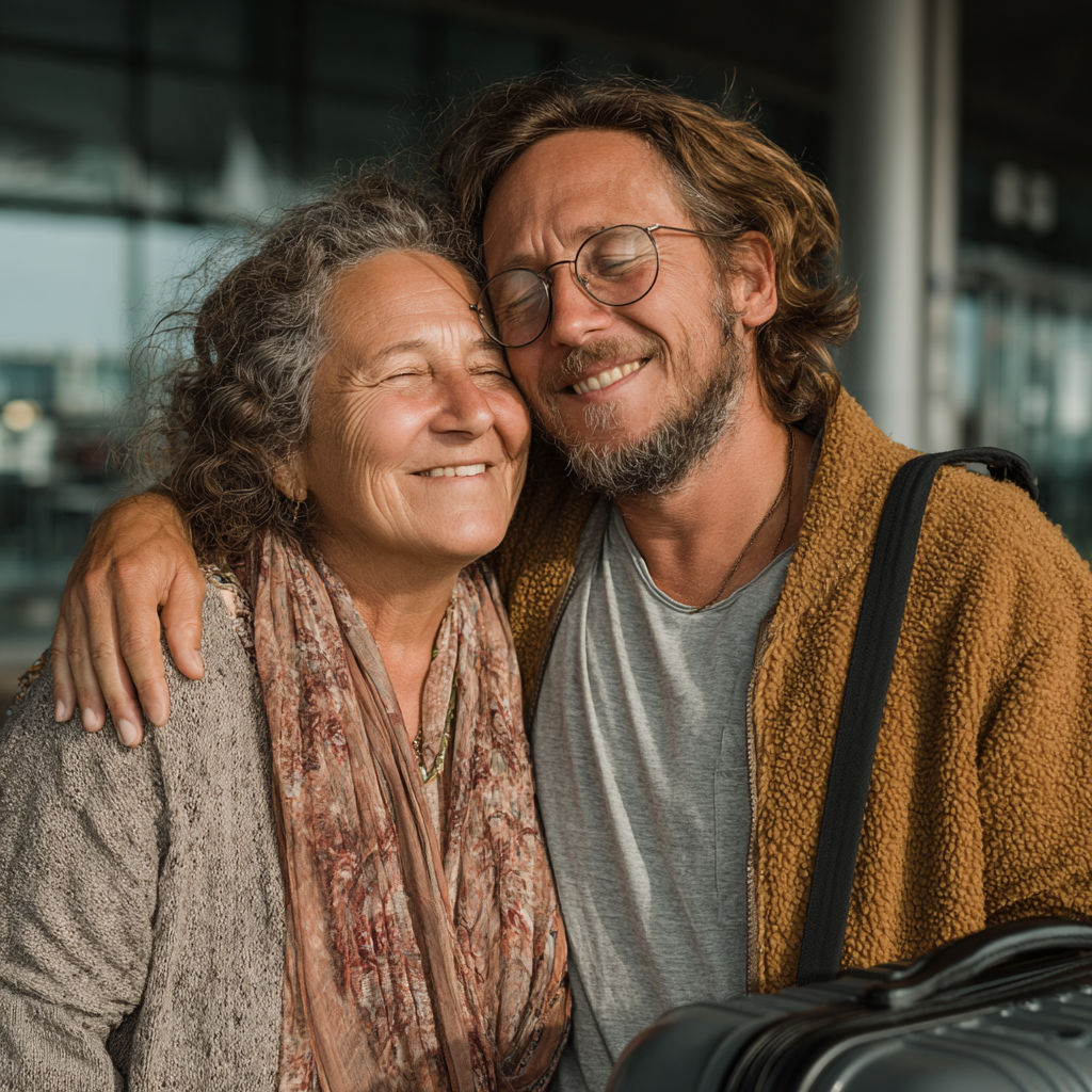 Una madre y su hijo abrazándose en el aeropuerto | Fuente: Midjourney
