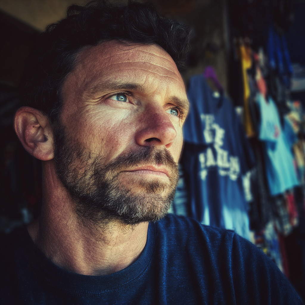 Un hombre pensativo con una camiseta azul marino | Fuente: Midjourney