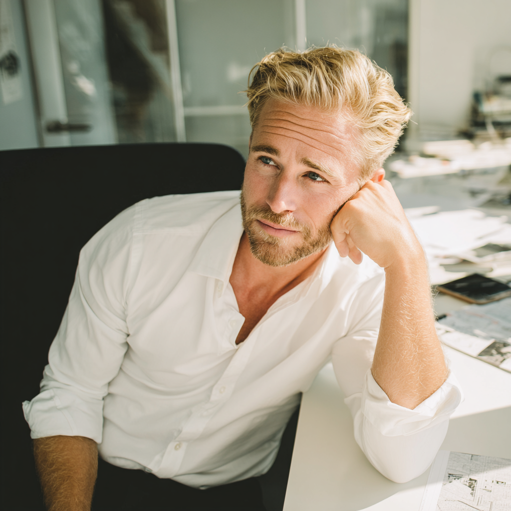 Un hombre sentado en un escritorio con una camisa blanca formal | Fuente: Midjourney
