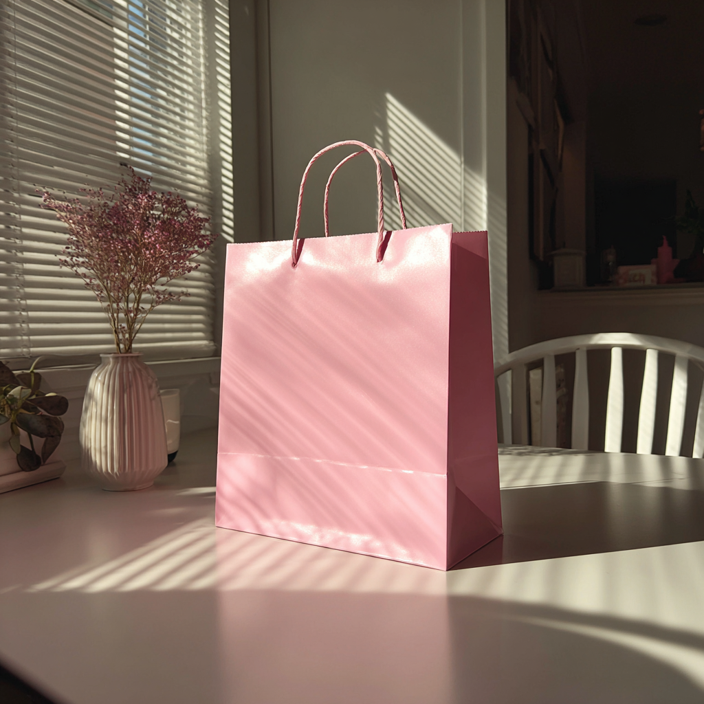 Una bolsa de regalo rosa sobre una mesa | Fuente: Midjourney