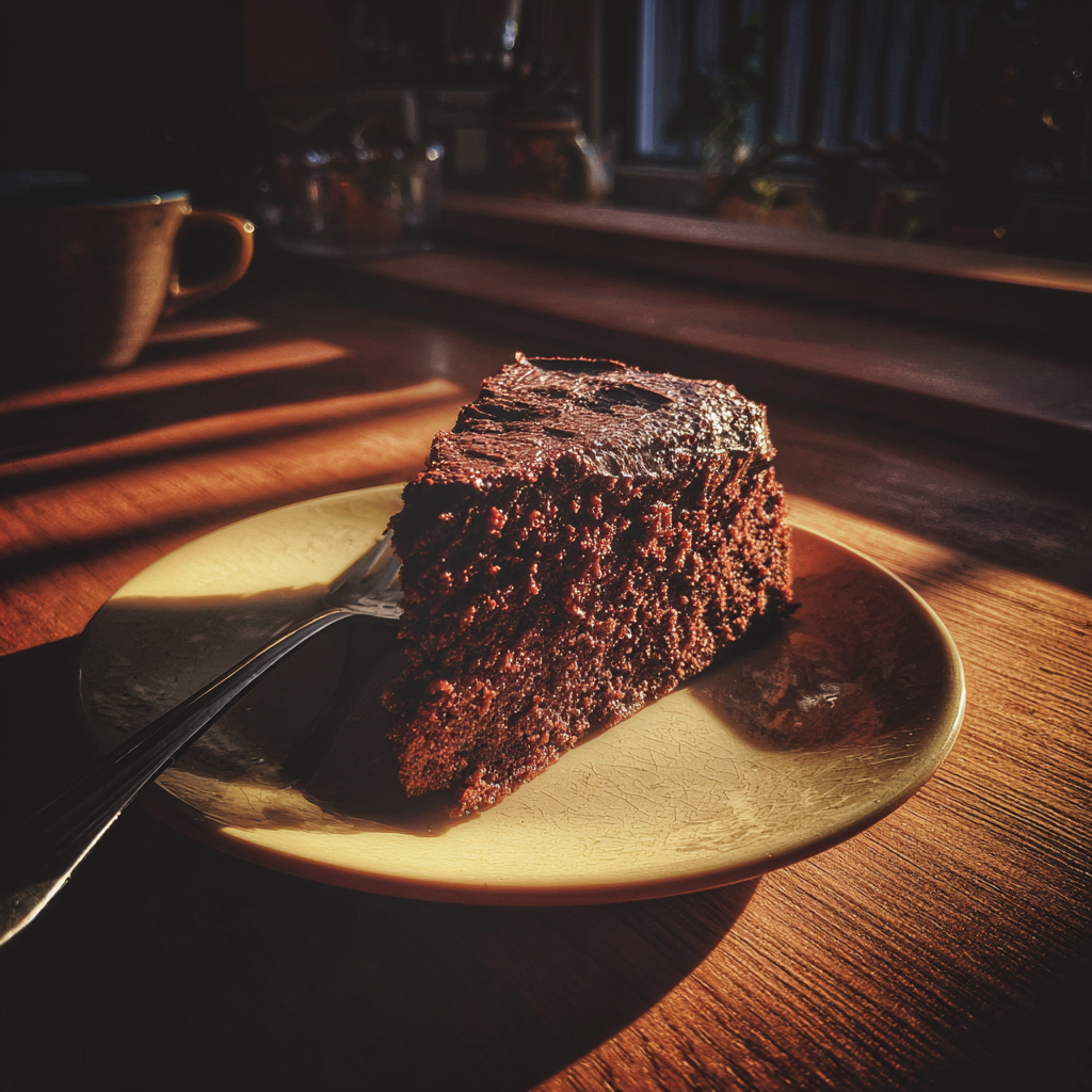 Un trozo de pastel de chocolate sobre una mesa | Fuente: Midjourney