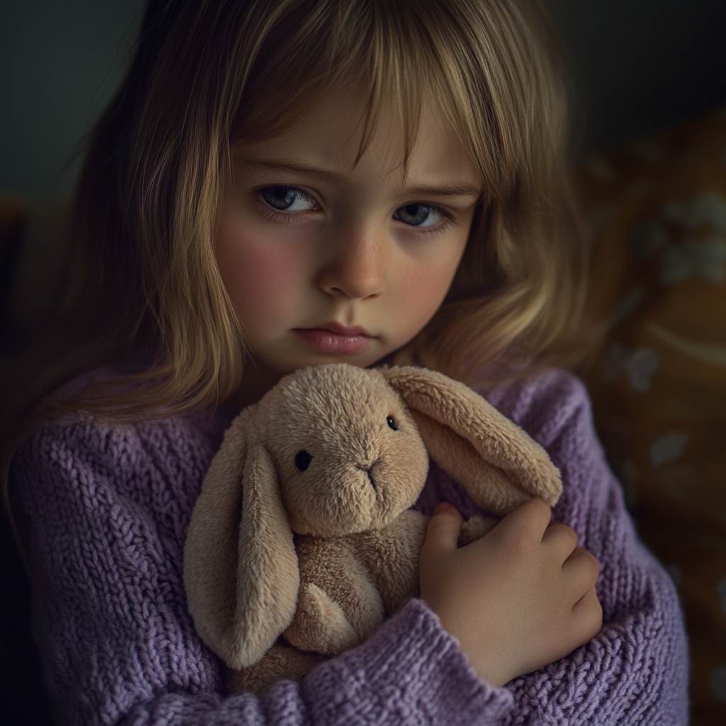 Una niña triste con un conejo de peluche en la mano | Fuente: Midjourney