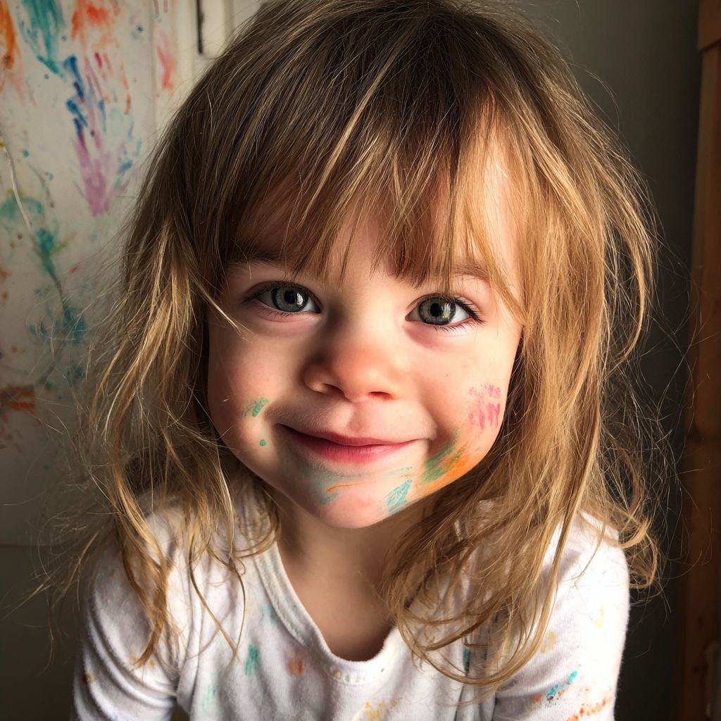 Una niña sonriente con pintura en la cara | Fuente: Midjourney