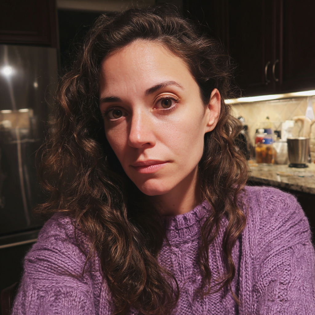 Primer plano de una mujer con un suéter morado | Fuente: Midjourney