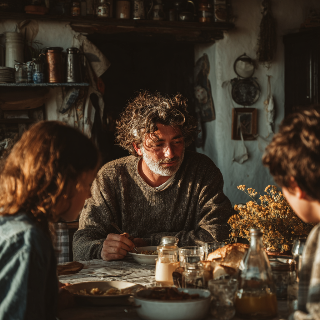 Una familia comiendo junta | Fuente: Midjourney