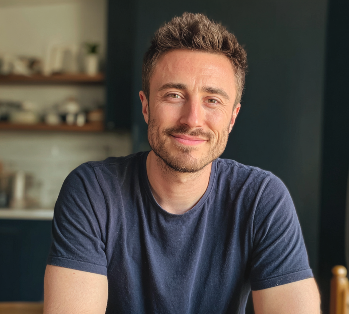 Un hombre sonriente sentado a una mesa | Fuente: Midjourney