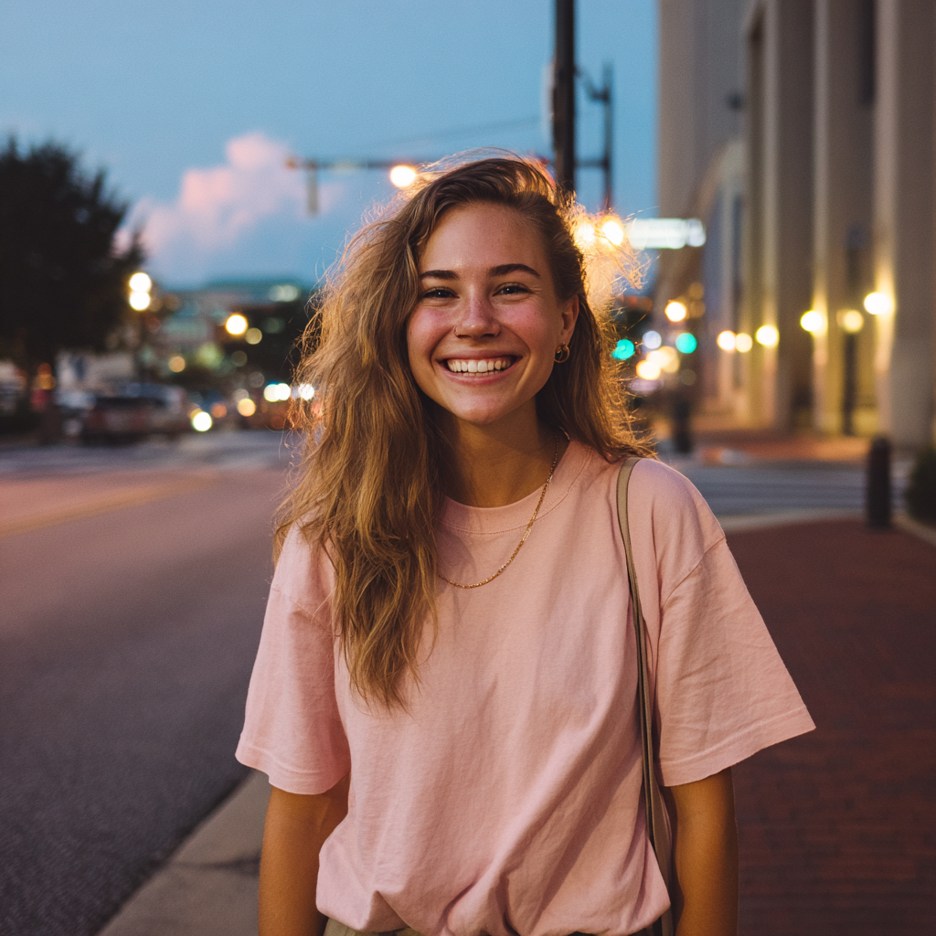 Una mujer sonriente en el exterior | Fuente: Midjourney