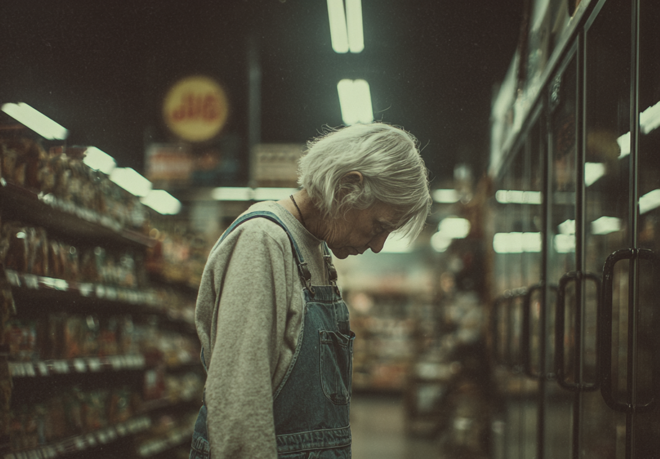 Una anciana triste mirando al suelo | Fuente: Midjourney