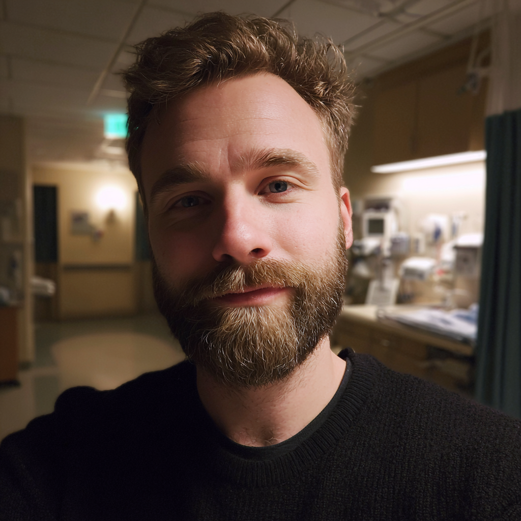 Un hombre sonriente en la habitación de un hospital | Fuente: Midjourney