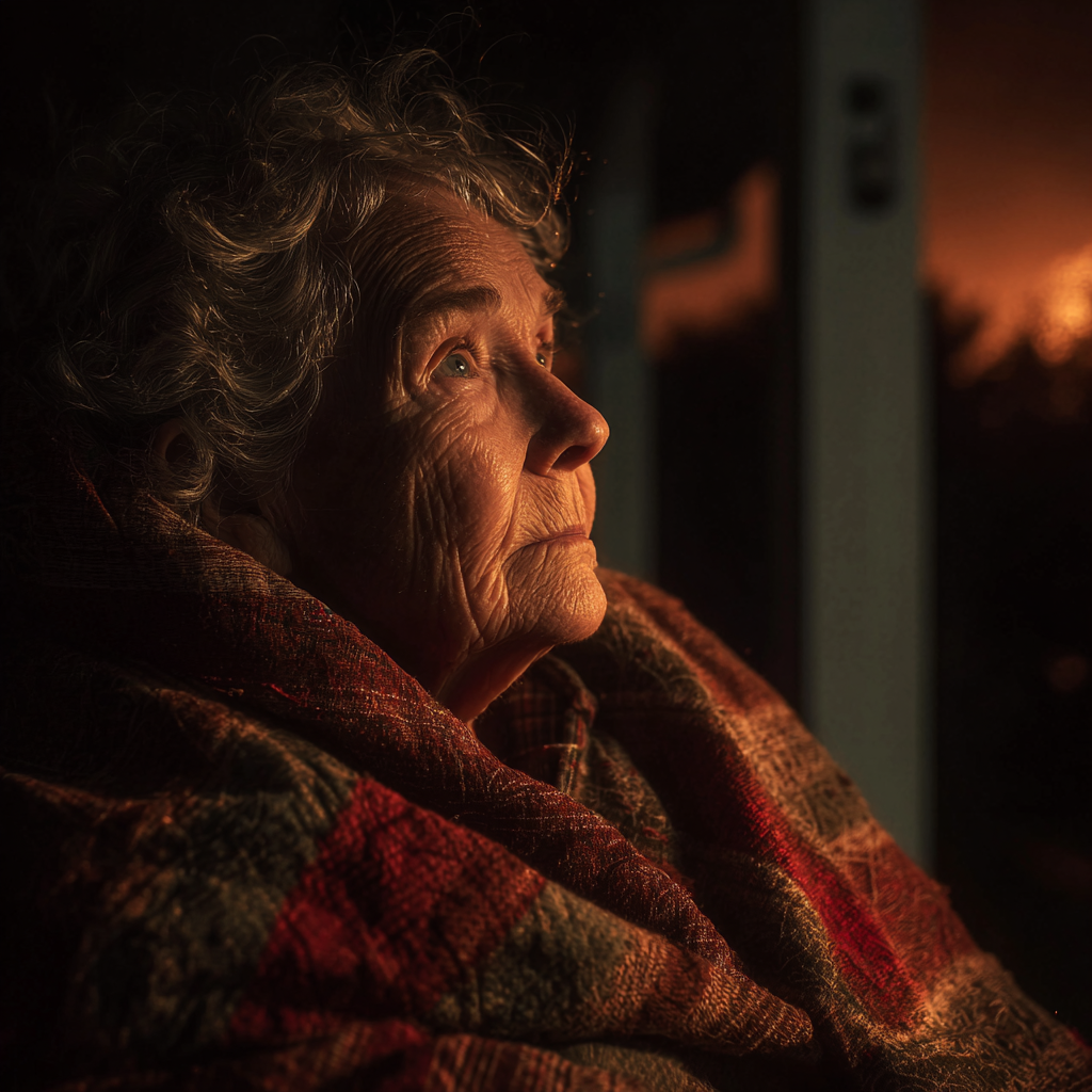 Una anciana sentada en el porche, envuelta en una vieja colcha | Fuente: Midjourney