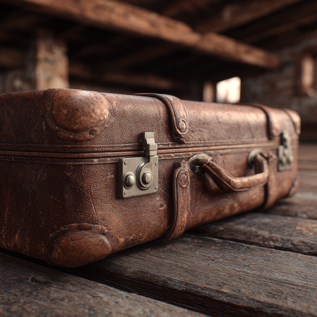 Una maleta de cuero marrón tirada en un desván | Fuente: Midjourney