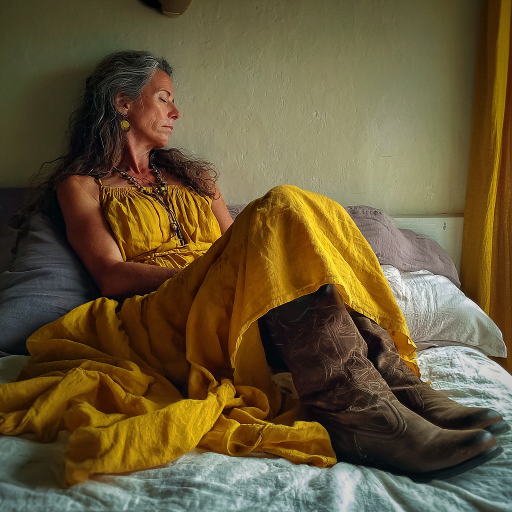 Una mujer mayor tumbada en una cama | Fuente: Midjourney