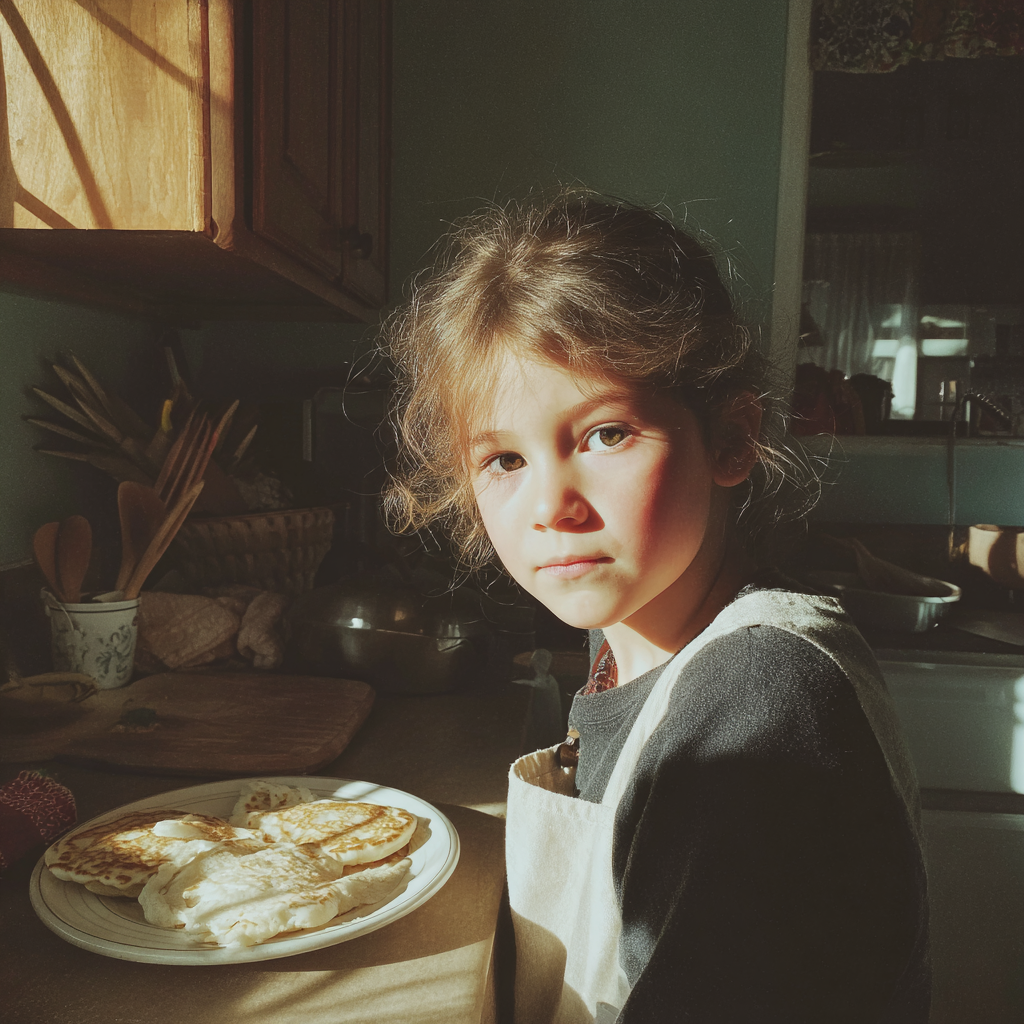 Una niña de pie en una cocina | Fuente: Midjourney