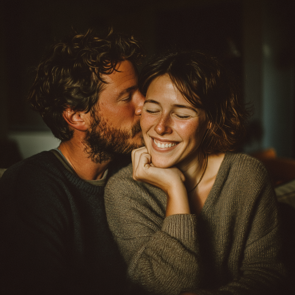 Un marido besando la mejilla de su mujer | Fuente: Midjourney