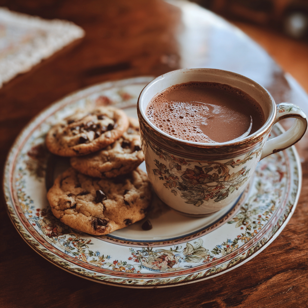 Una taza de cacao caliente y galletas sobre una mesa | Fuente: Midjourney