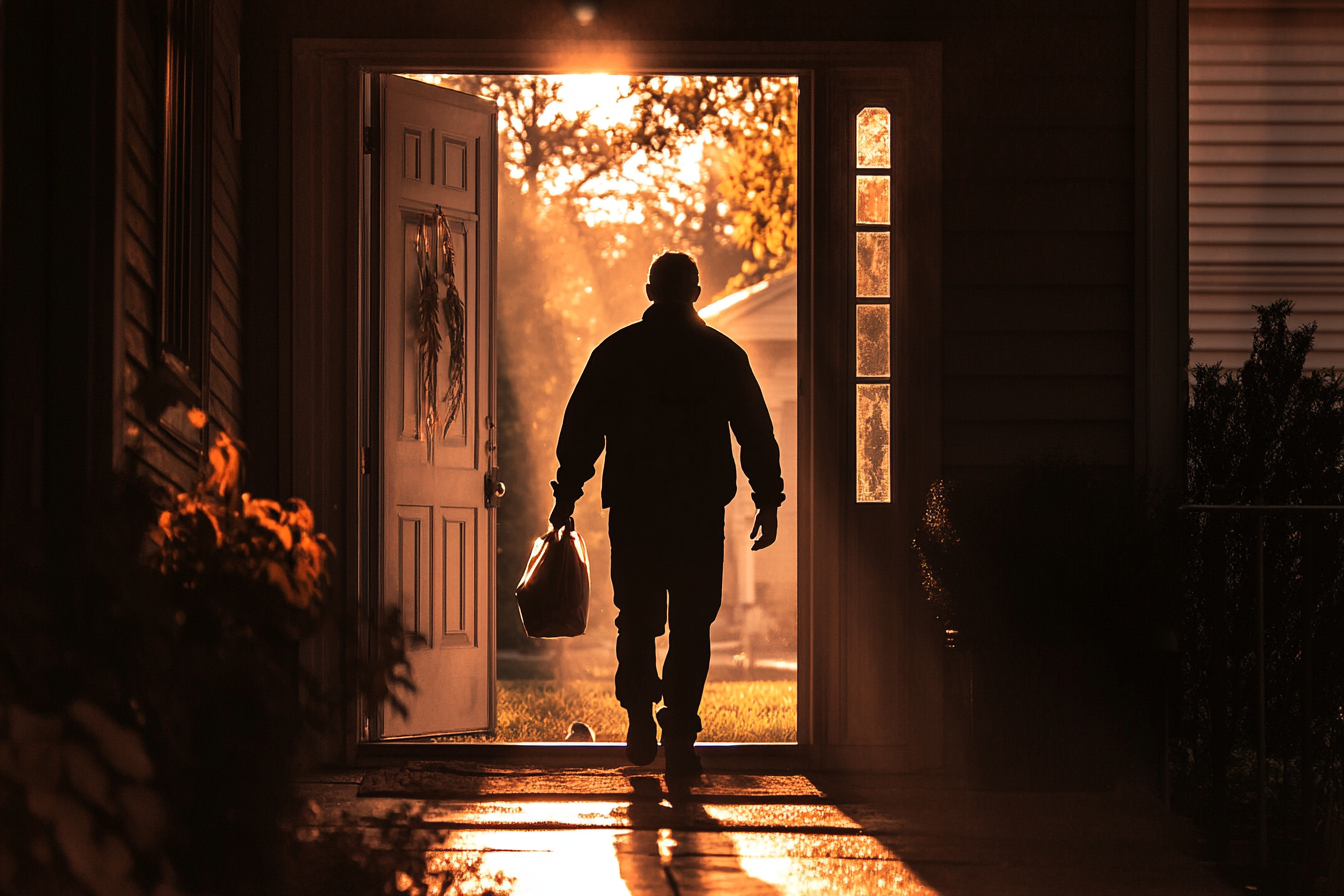 Un hombre saliendo por la puerta principal de una casa | Fuente: Midjourney