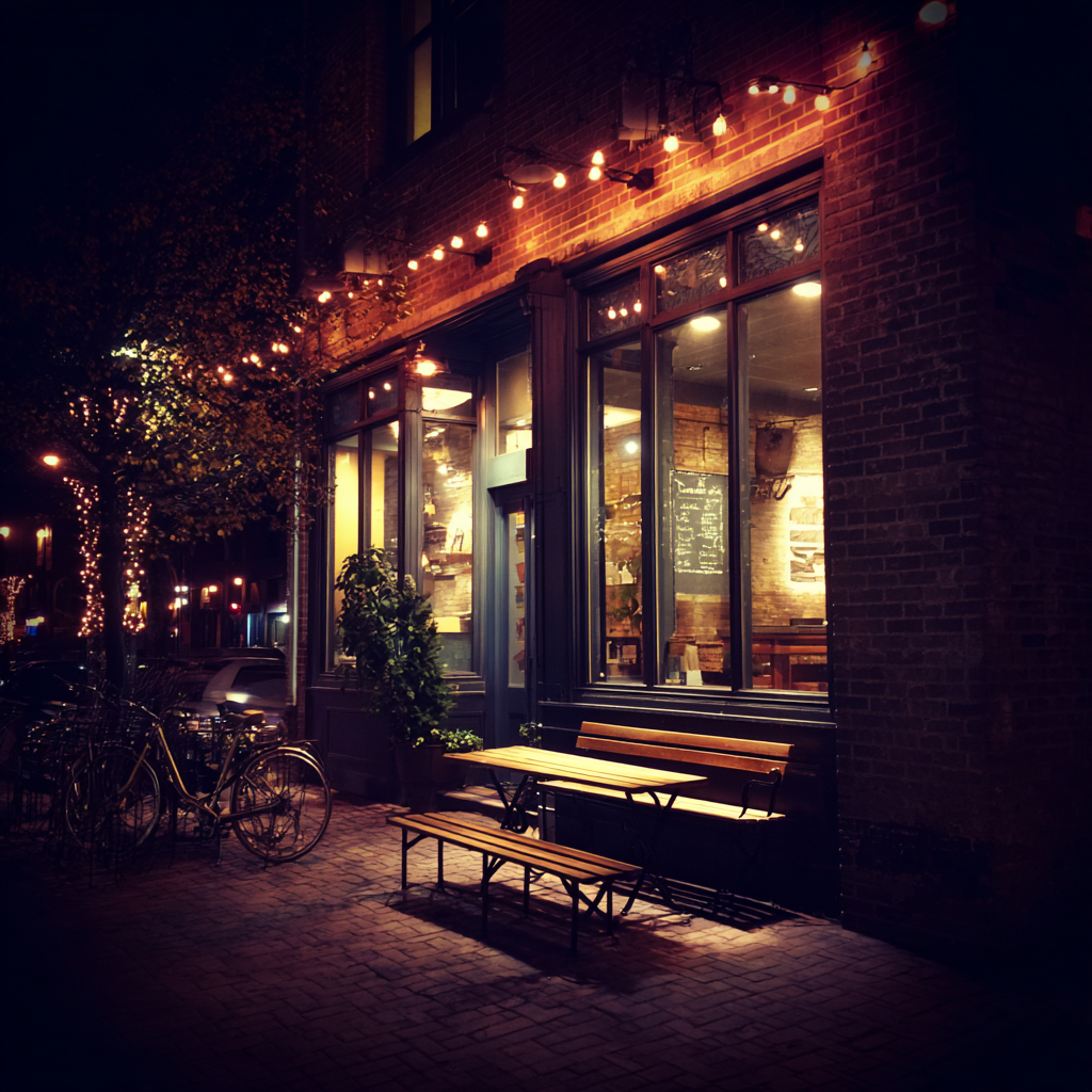 El exterior de una acogedora cafetería | Fuente: Midjourney