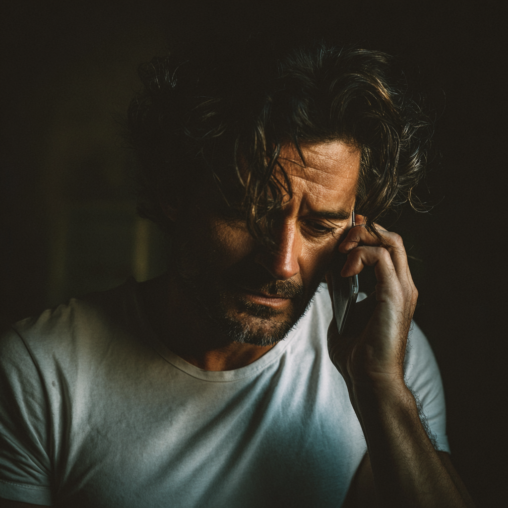 Un hombre emocional con una camiseta blanca | Fuente: Midjourney