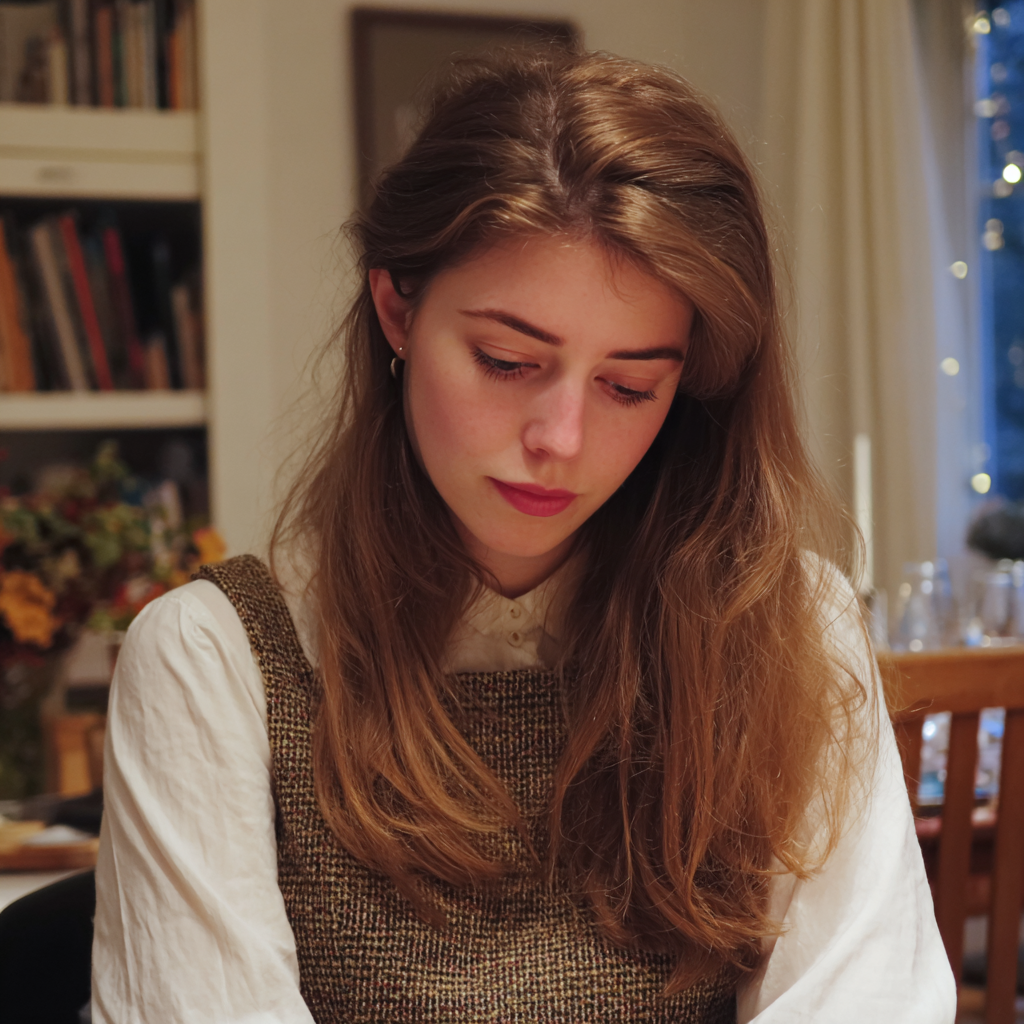 Una mujer emocional mirando su regazo | Fuente: Midjourney