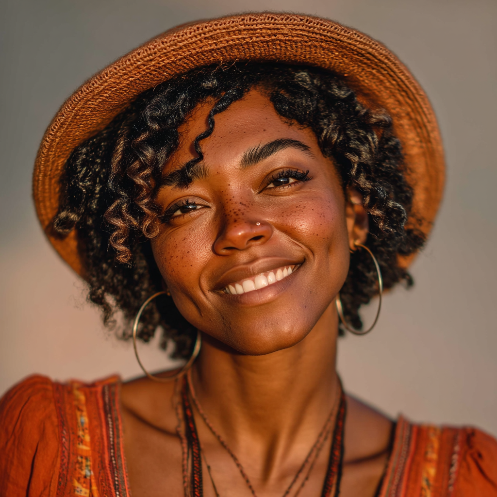 Una mujer feliz con sombrero | Fuente: Midjourney