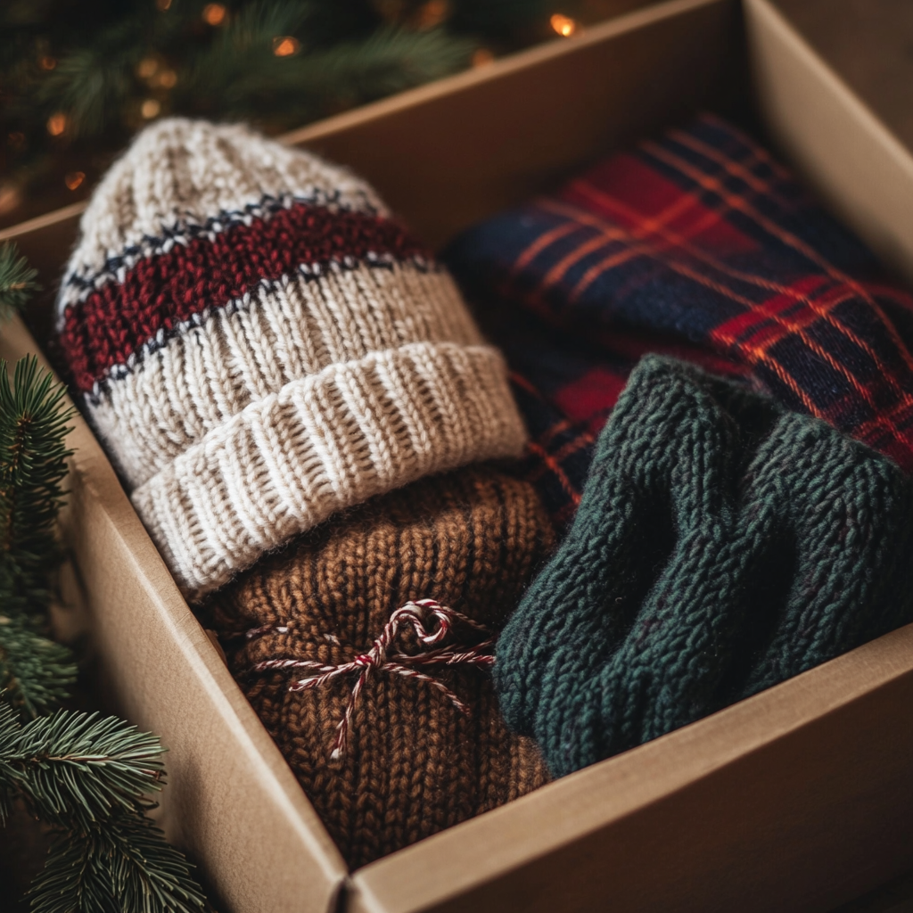 Una caja de regalo que contiene una bufanda de punto, un gorro y guantes | Fuente: Midjourney