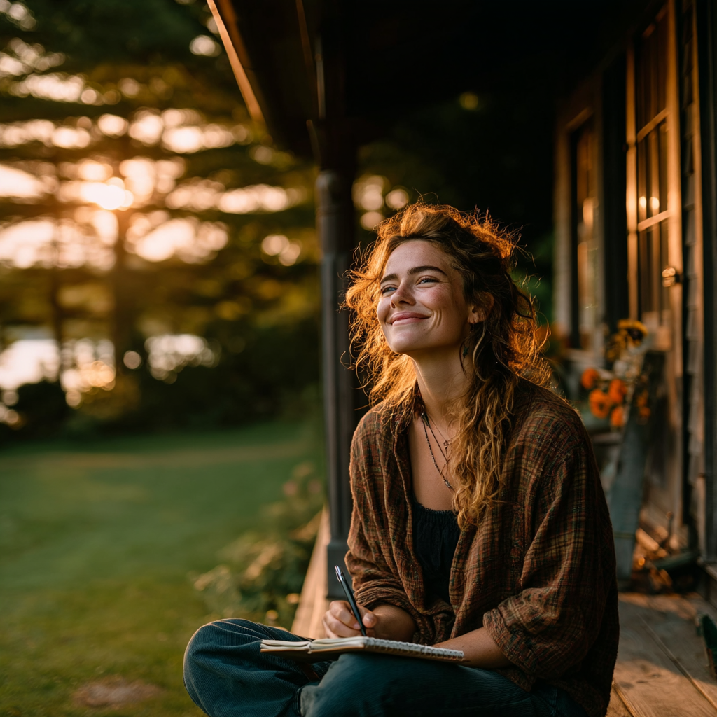 Una mujer feliz sentada en su porche | Fuente: Midjourney