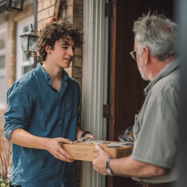 Un joven dando una caja de pastel a un hombre mayor | Fuente: Midjourney