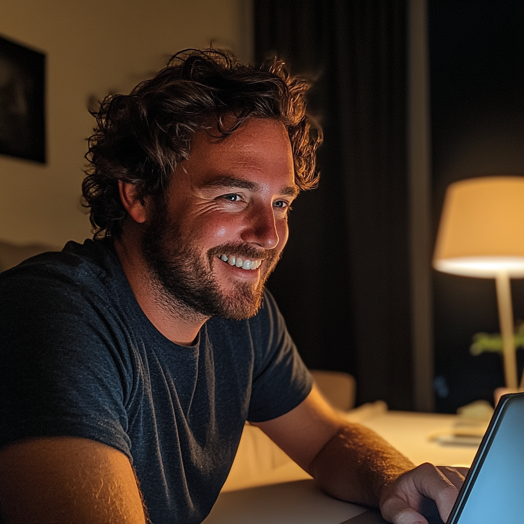 Un hombre sonriente sentado a una mesa | Fuente: Midjourney