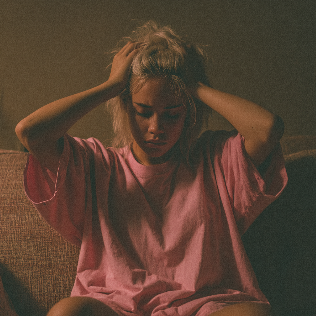 Una joven sentada con las manos en la cabeza | Fuente: Midjourney