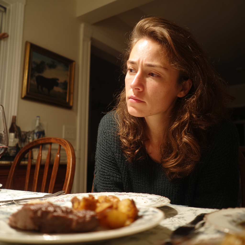 Una mujer sentada a la mesa del comedor | Fuente: Midjourney