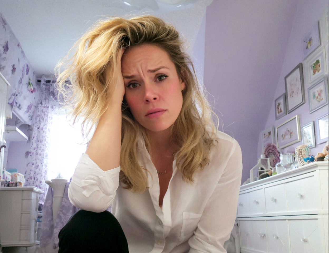 Una mujer sentada con la mano en la cabeza | Fuente: Midjourney