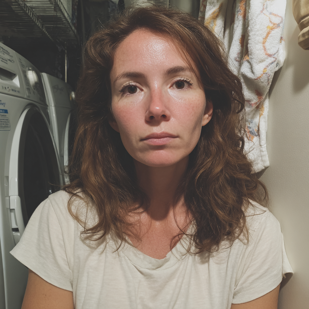 Una mujer exhausta de pie en una lavandería | Fuente: Midjourney