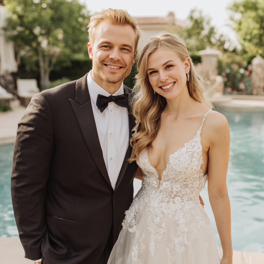 Una pareja de novios posando delante de una piscina | Fuente: Midjourney