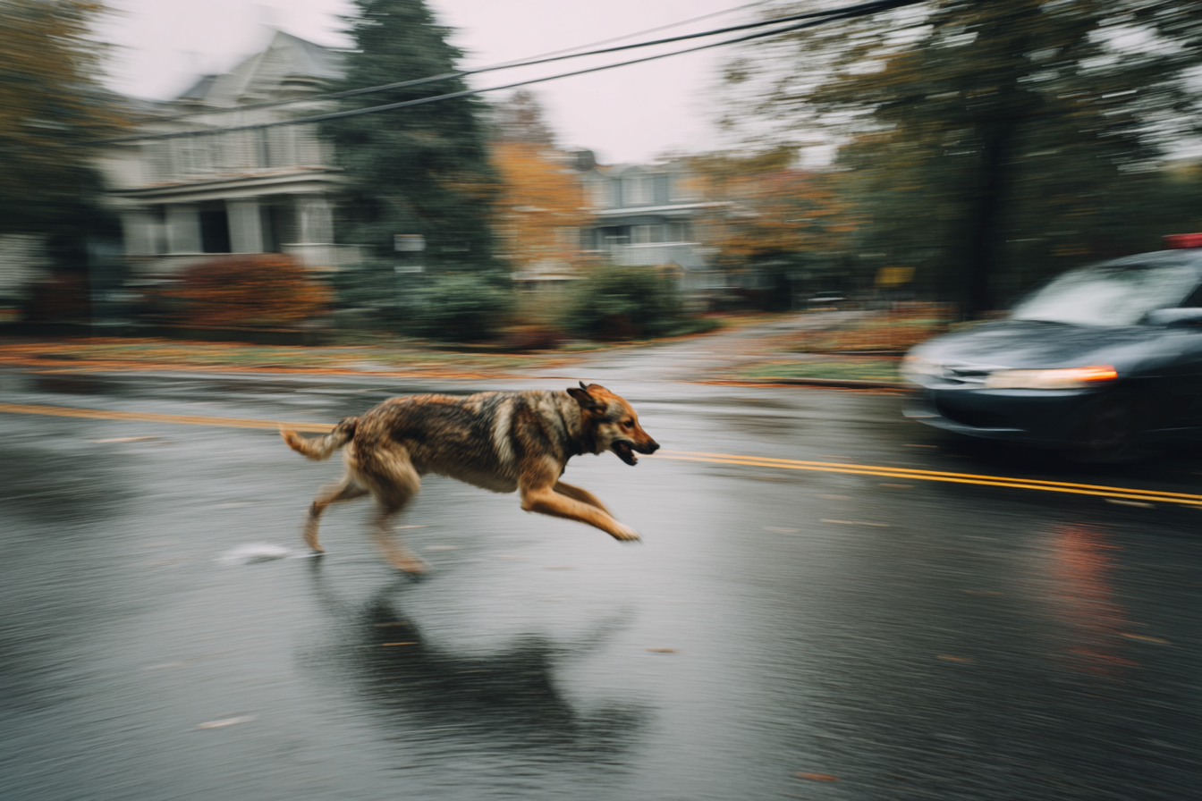 Un perro corriendo por la calle | Fuente: Midjourney