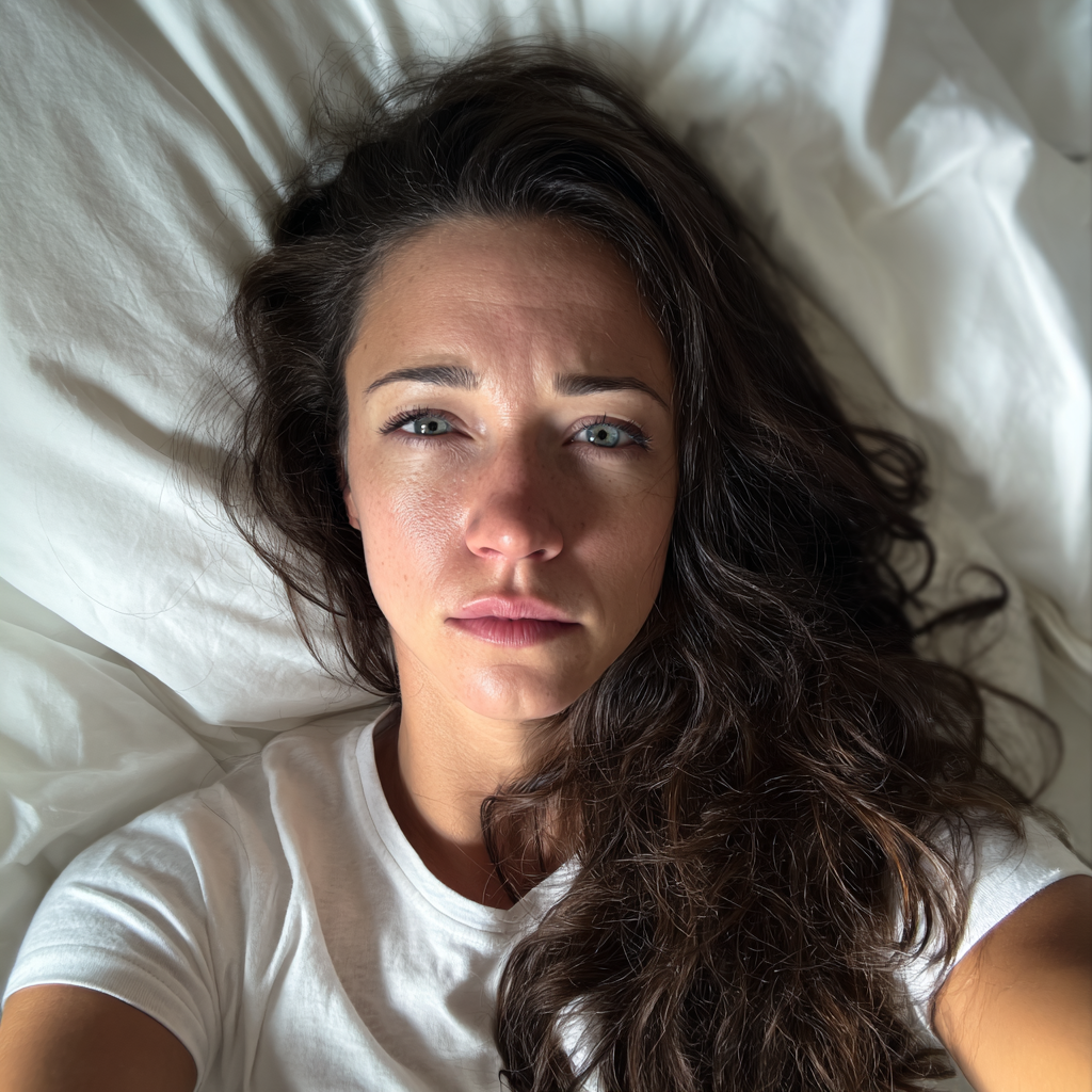 Una mujer enfadada tumbada en la cama | Fuente: Midjourney