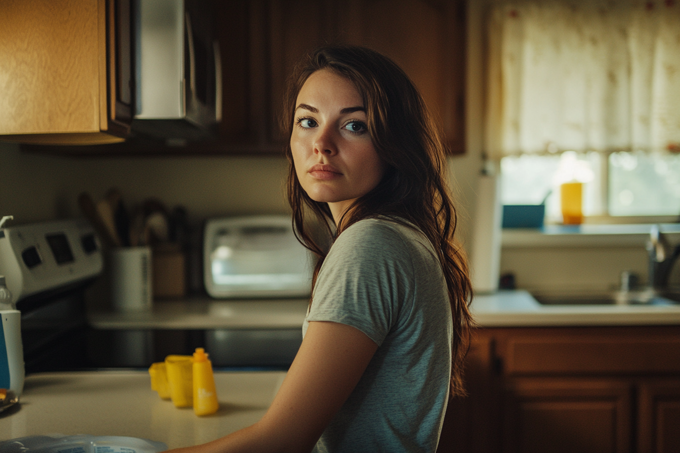 Una mujer en una cocina mirando a alguien | Fuente: Midjourney