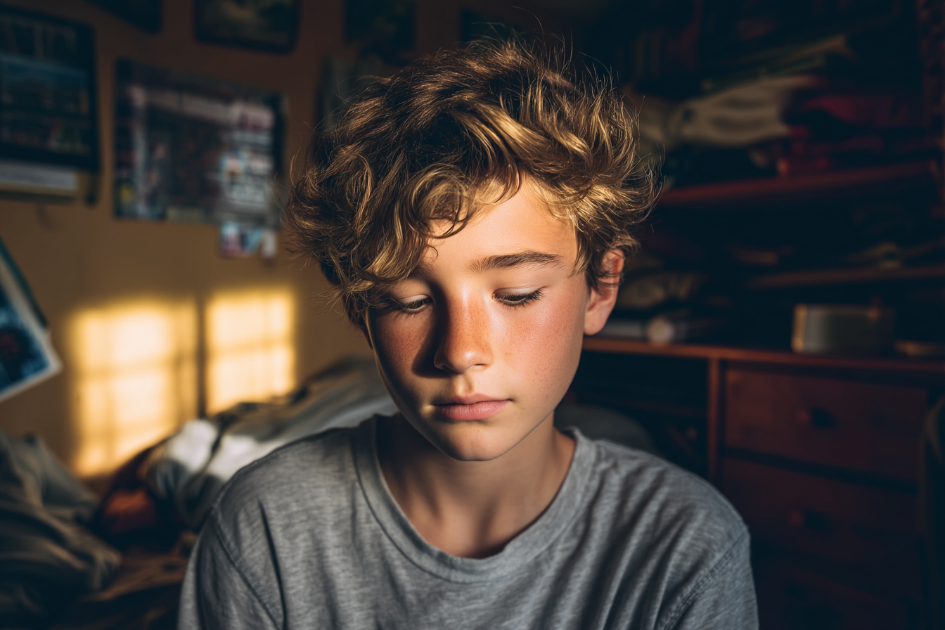 Un niño mirando hacia abajo, disgustado | Fuente: Midjourney