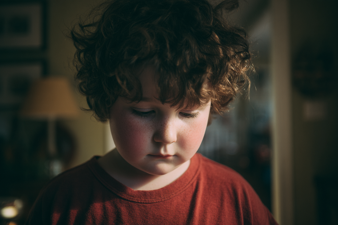 Un niño mirando hacia abajo | Fuente: Midjourney