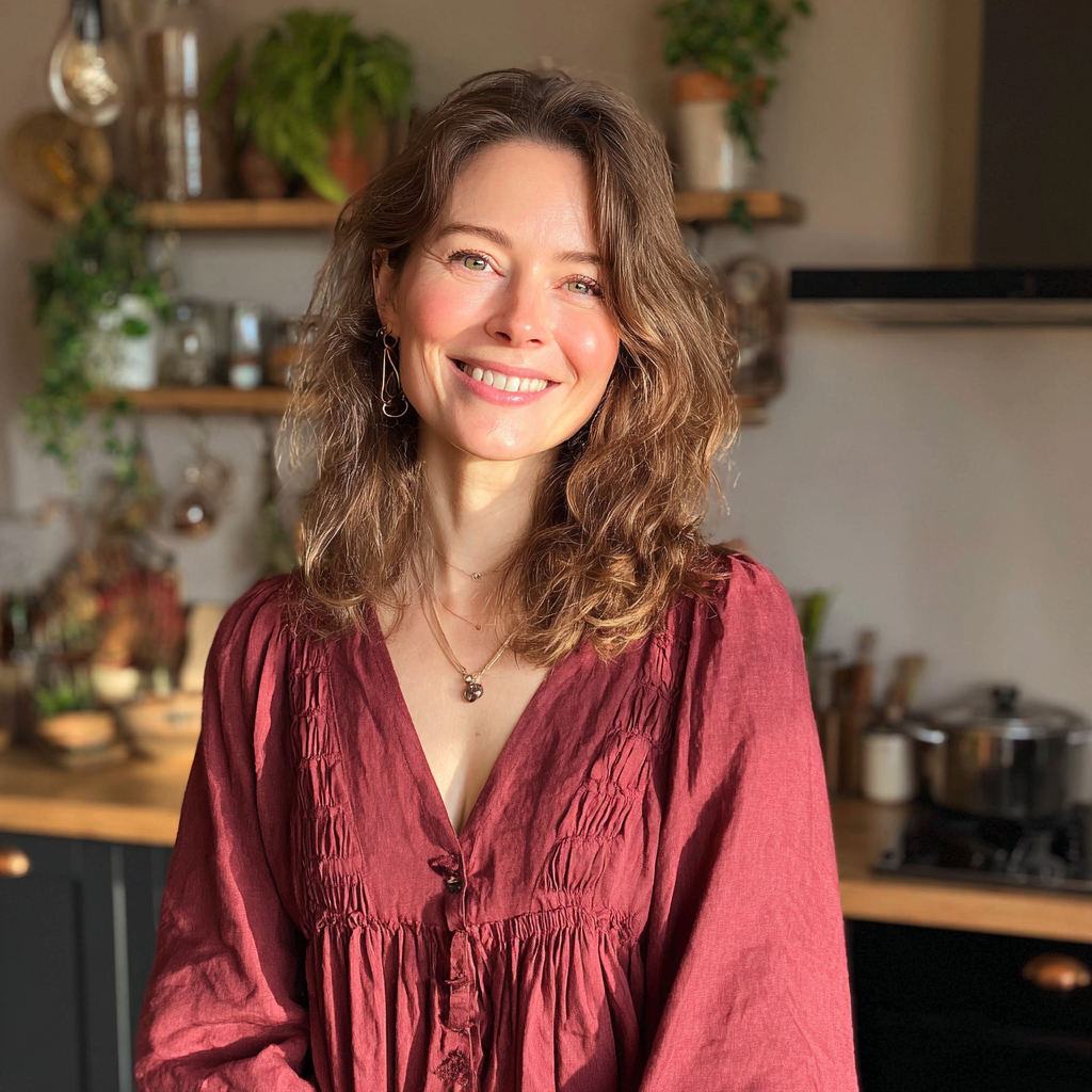 Una mujer serena con un vestido granate | Fuente: Midjourney