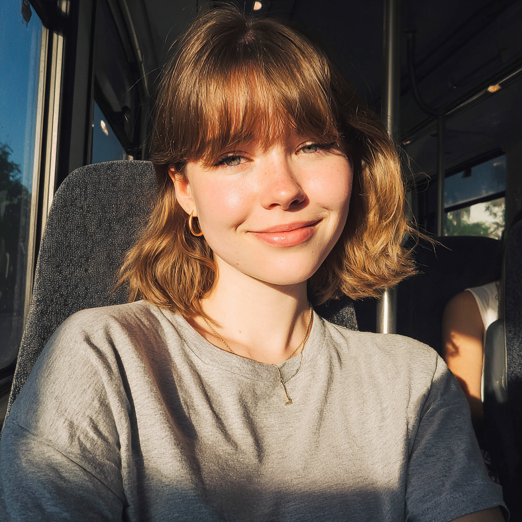 Una joven sonriente sentada en un autobús | Fuente: Midjourney