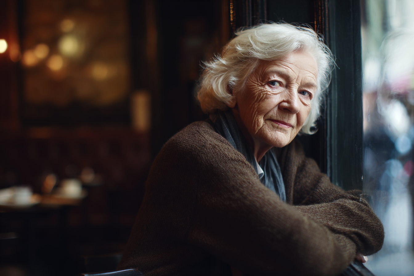 Una mujer mayor sentada en un café | Fuente: Midjourney